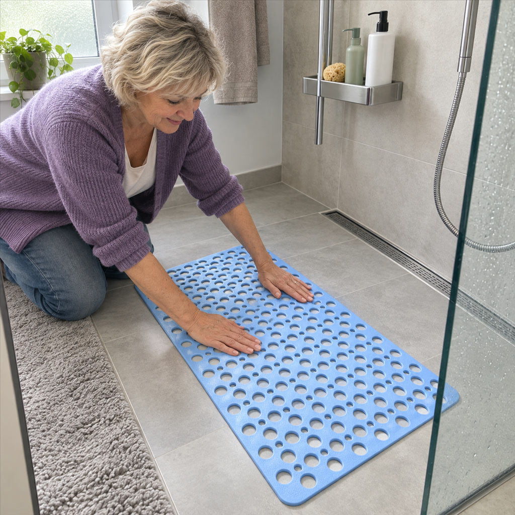 Duschmatte mit runden Ablauflöchern für Dusche und Nassbereiche – ca. 75 × 43 cm, strukturierte Oberfläche, faltbar, maschinenwaschbar, 6 Farben
