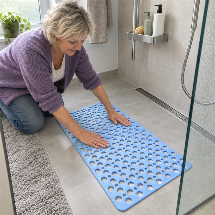 Duschmatte mit runden Ablauflöchern für Dusche und Nassbereiche – ca. 75 × 43 cm, strukturierte Oberfläche, faltbar, maschinenwaschbar, 6 Farben
