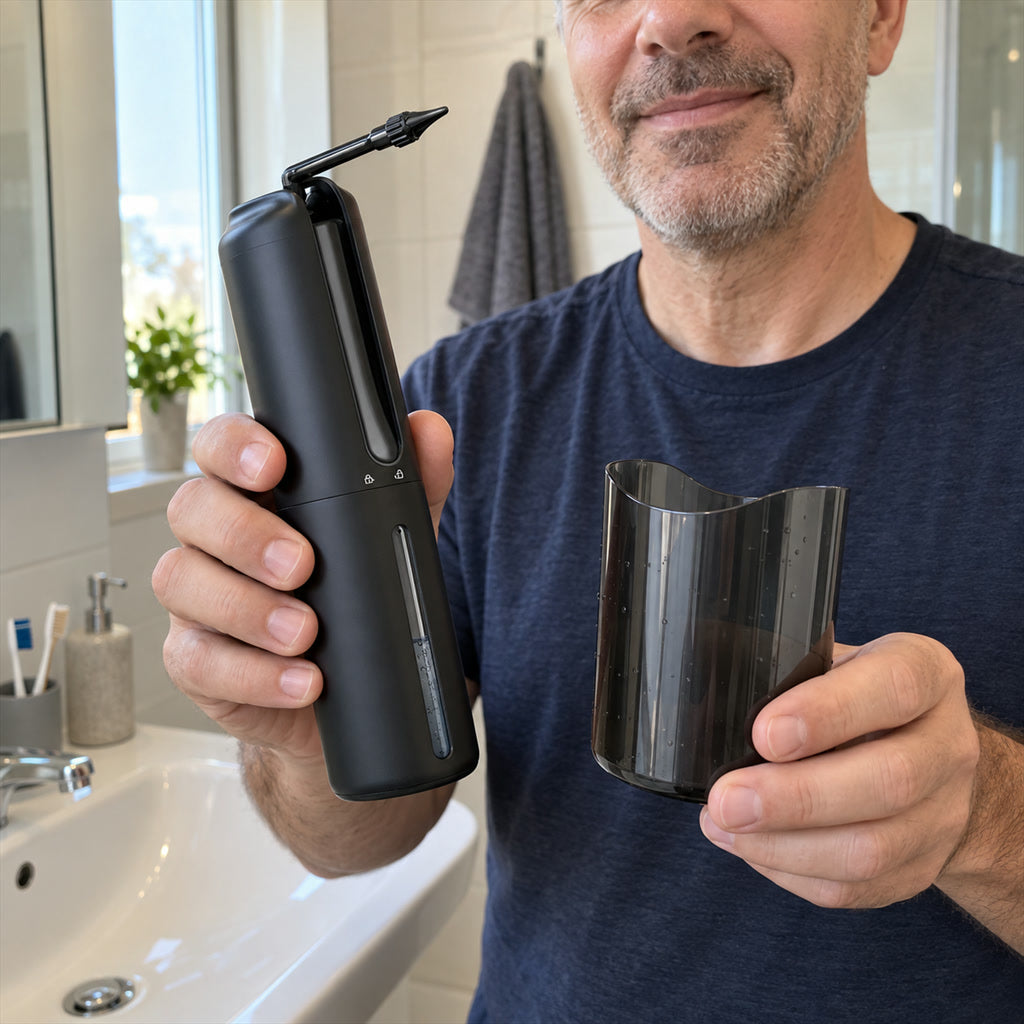 Elektrische Ohrdusche mit Akku für die Ohrenpflege zu Hause und in der Dusche – 4 Druckstufen, 5 Wasserstrahlen, ca. 200 ml Tank, IPX5, faltbar