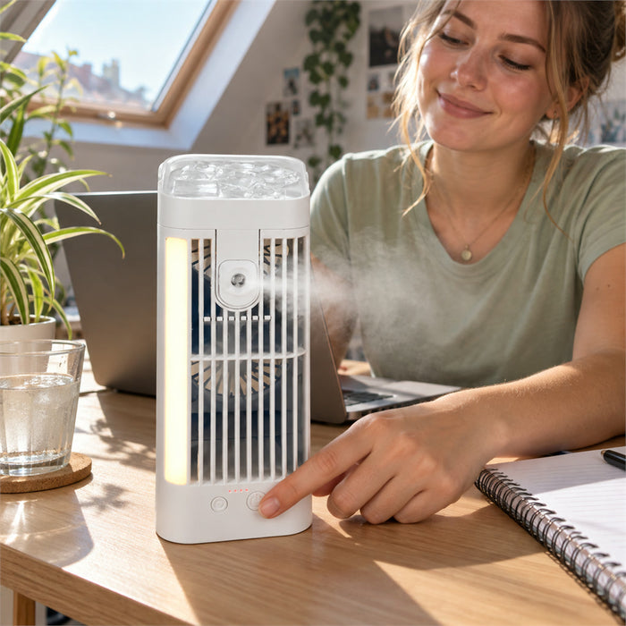 Mini-Tischventilator mit Sprühnebel und Nachtlicht für Schreibtisch, Schlafzimmer und Reisen – 3 Stufen, 120-ml-Tank, USB, Aufhängehaken