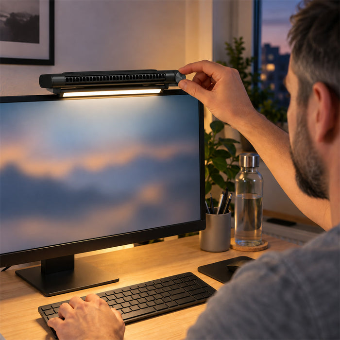 Flügelloser USB-Ventilator mit Bildschirmleuchte zum Aufstecken auf den Monitor oder Aufstellen am Schreibtisch – stufenlos, 60° neigbar, USB-C