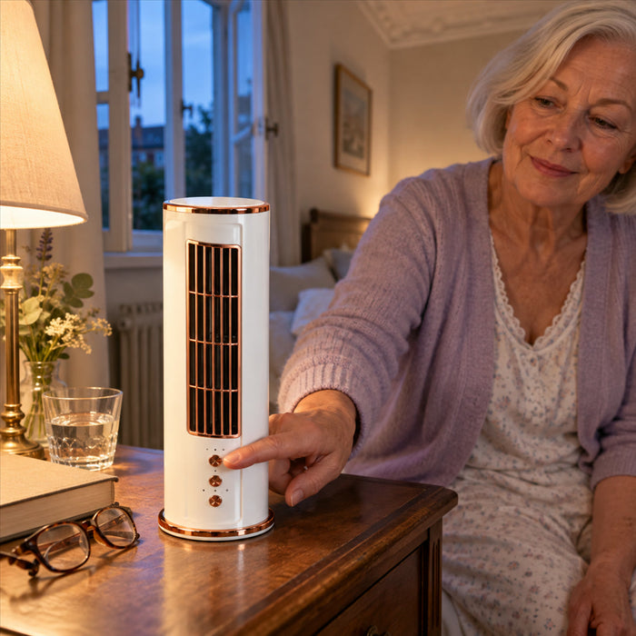 Flügelloser Turmventilator mit Fernbedienung und Akku für Schreibtisch, Schlafzimmer und Büro – 3 Stufen, Oszillation, 2400 mAh, ca. 32 cm