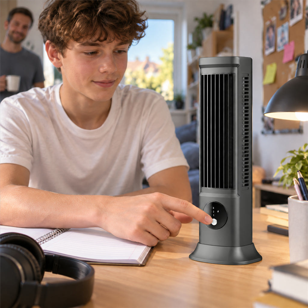 Kompakter Akku-Tischventilator für Schreibtisch, Nachttisch und Arbeitsplatz – 3 Stufen, 1200 mAh, USB, leise, ca. 29,5 × 11 × 10 cm
