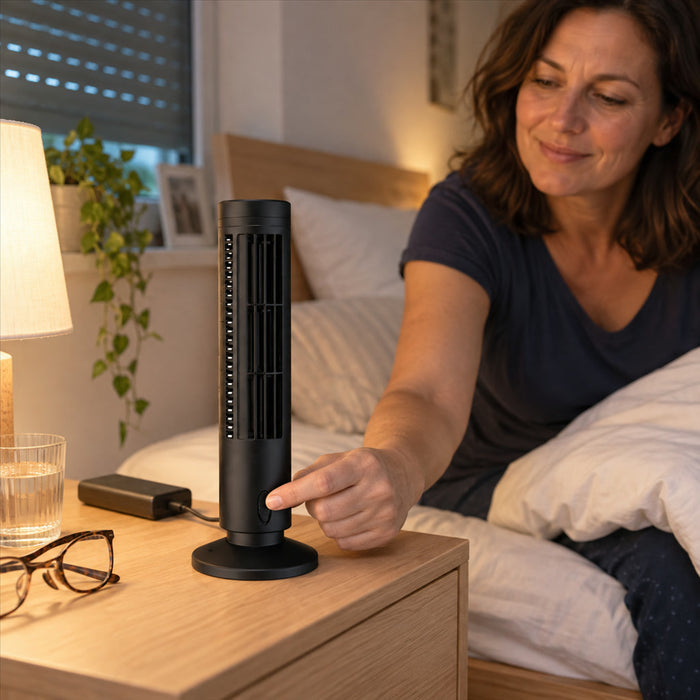 Flügelloser Mini-Turmventilator mit USB für Schreibtisch, Nachttisch und kleine Räume – 2 Stufen, 33 oder 38 cm hoch, mit oder ohne LED, 2 Farben