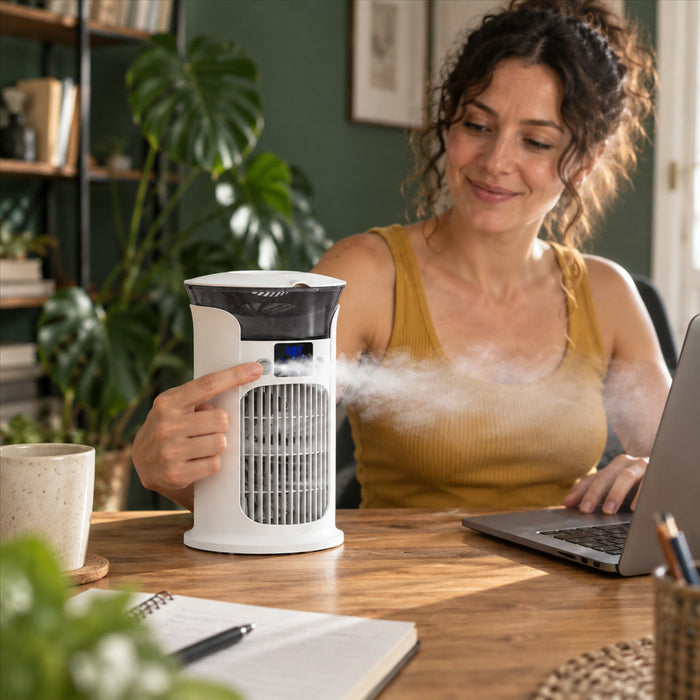 Tischventilator mit Sprühnebel, Akku und LED-Licht für Schreibtisch und Innenräume – 880-ml-Tank, 3 Stufen, 180° Luftstrom, 7 Lichtfarben, 4000 mAh