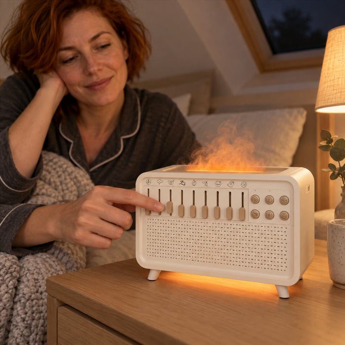 White-Noise-Gerät mit Luftbefeuchter, Aroma-Diffusor und Nachtlicht für Schlafzimmer und Kinderzimmer – 8 Klänge, Bluetooth, 200-ml-Tank