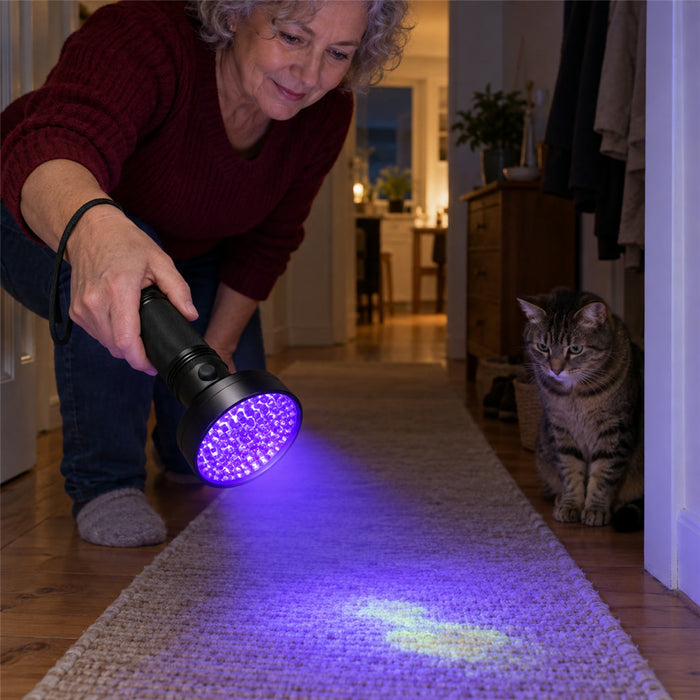 UV-Taschenlampe mit 100 LEDs zum Aufspüren von Urinflecken und Bettwanzen in Wohnung und Hotel – 395 nm, Aluminium, für 6 AA-Batterien