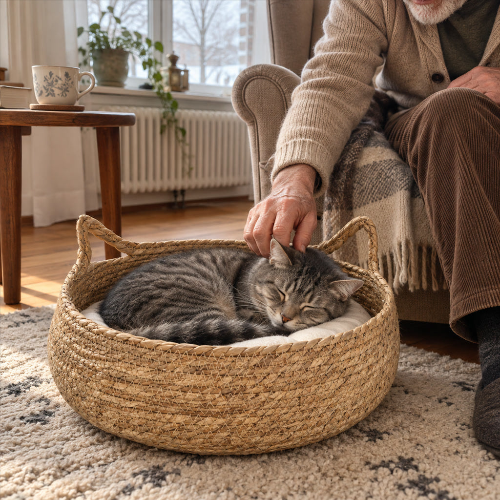 Handgeflochtenes Katzenbett aus Rohrkolbengras mit Wärmekissen für Sommer und Winter – 35 oder 40 cm, atmungsaktiv, Kissen waschbar