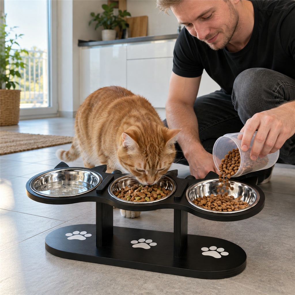Erhöhter Futterstand aus Massivholz mit 3 Edelstahlnäpfen für Katzen und kleine Hunde – ca. 42 cm breit, 2 Höhen, 15° geneigt, Dunkelbraun