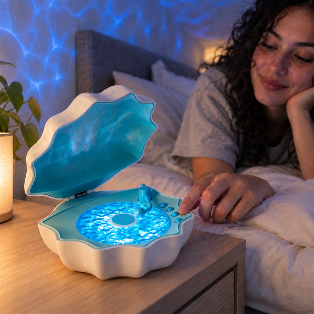 Muschel-Lautsprecher mit Bluetooth, Wellenlicht-Projektion und 7 White-Noise-Klängen für Schlafzimmer und Schreibtisch – 360°-Klang, 7 Lichtfarben