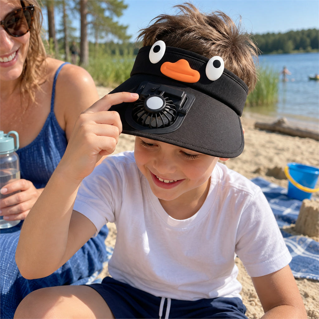 Kinder-Sonnenvisier mit Ventilator für Urlaub, Wandern und Strand – 3 Stufen, offenes Oberteil, Schweißband, Kopfumfang 56–60 cm, 3 Farben