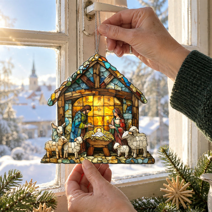 Sonnenfänger mit Krippenszene als Weihnachtsdeko für Fenster und Wohnraum – Fensterdeko mit Motiv der Heiligen Nacht
