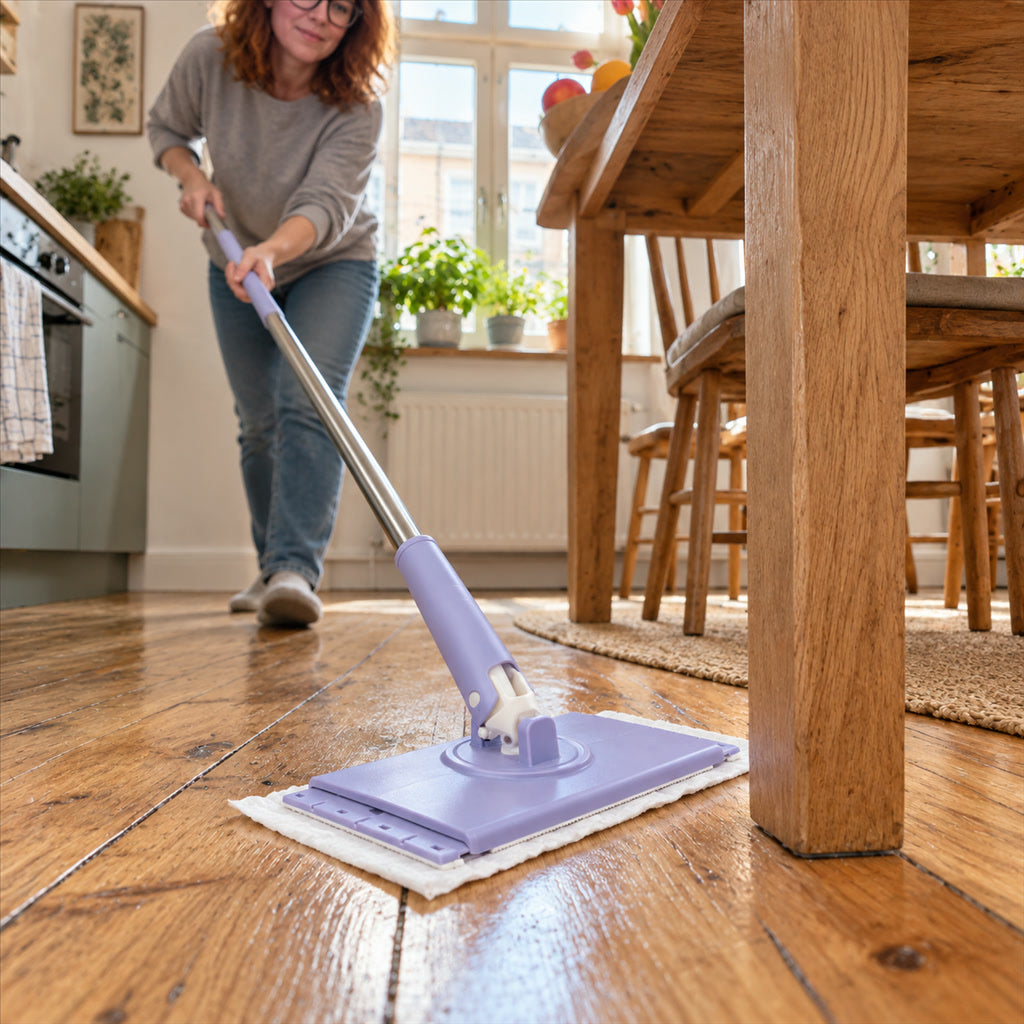 Flachwischer mit 360°-Drehgelenk für Parkett, Laminat, Fliesen und Vinyl – breiter Wischkopf, Tuch zum Einstecken, 2 waschbare Pads, Lila oder Weiß