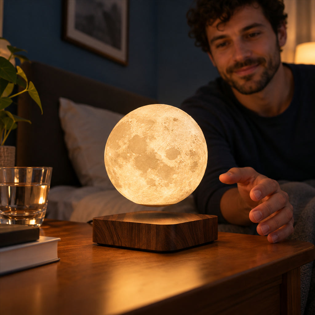 Schwebende Mondlampe mit Magnetschwebetechnik für Schlafzimmer, Büro und Regal – Ø ca. 14 cm, selbst drehend, Sockel in Holzoptik, USB-Betrieb