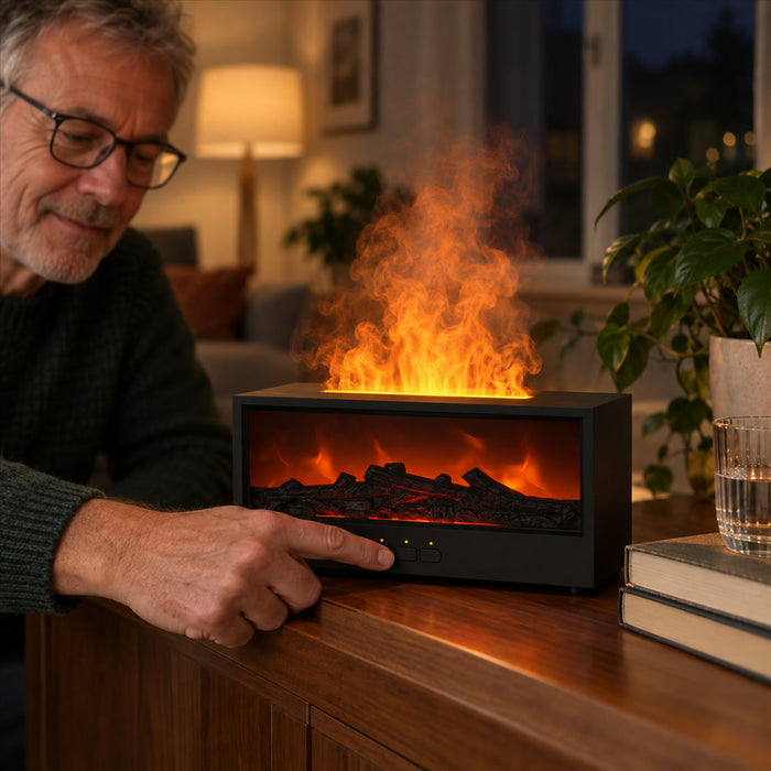Aroma-Diffusor mit Flammeneffekt im Kamin-Design für Wohnzimmer, Schlafzimmer und Büro – beleuchteter Duftnebel, LED-Flammenlicht, mehrere Lichtfarben