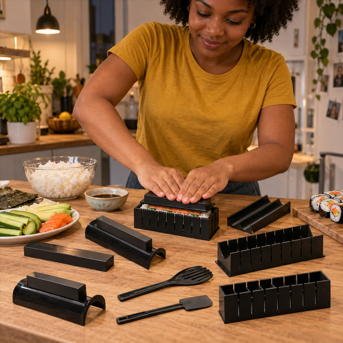 Sushi-Formenset mit runder, herzförmiger und eckiger Form für Sushi, Reisbällchen und Snacks – mit Pressdeckel und Schneidhilfe, spülmaschinenfest