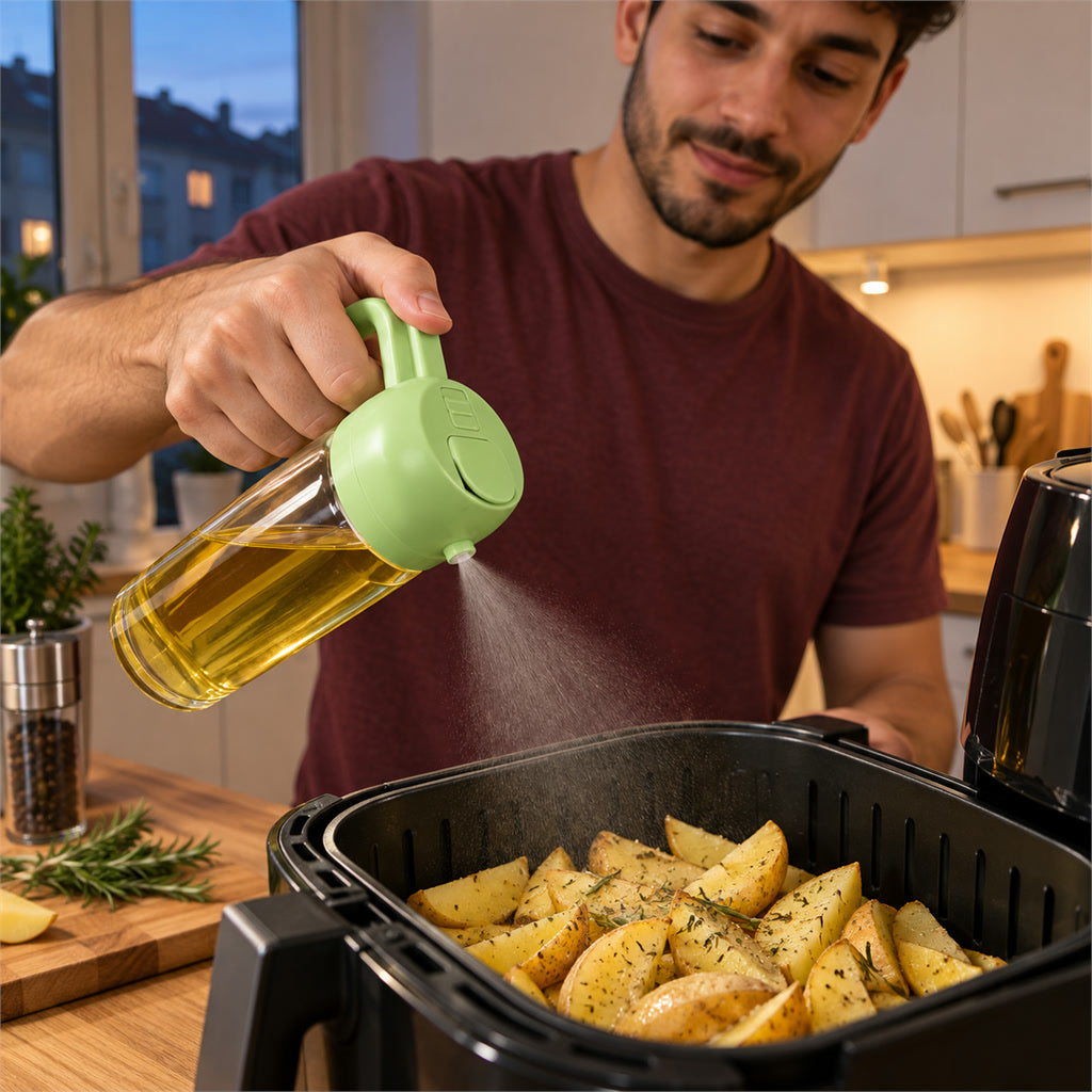 Öl-Sprühflasche 2-in-1 zum Sprühen und Gießen für Pfanne, Backofen, Grill und Heißluftfritteuse – feiner Sprühnebel, durchsichtige Flasche