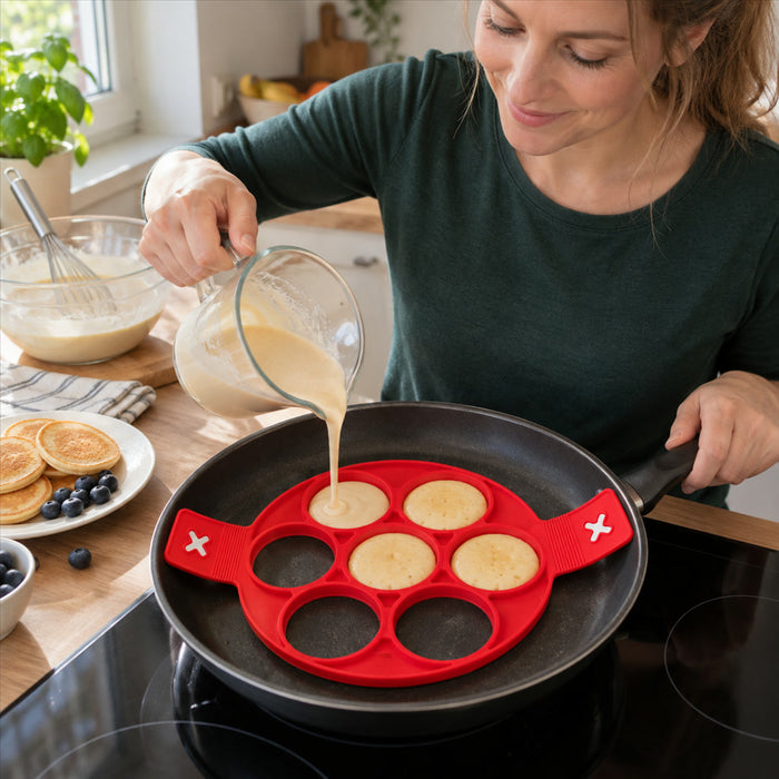 Pfannkuchen-Form mit 7 runden Mulden zum Einlegen in die Pfanne für Pancakes und Gemüsepuffer – ca. 37,5 × 22,5 cm, Mulden Ø 5,5 cm, 2 Griffe, Rot