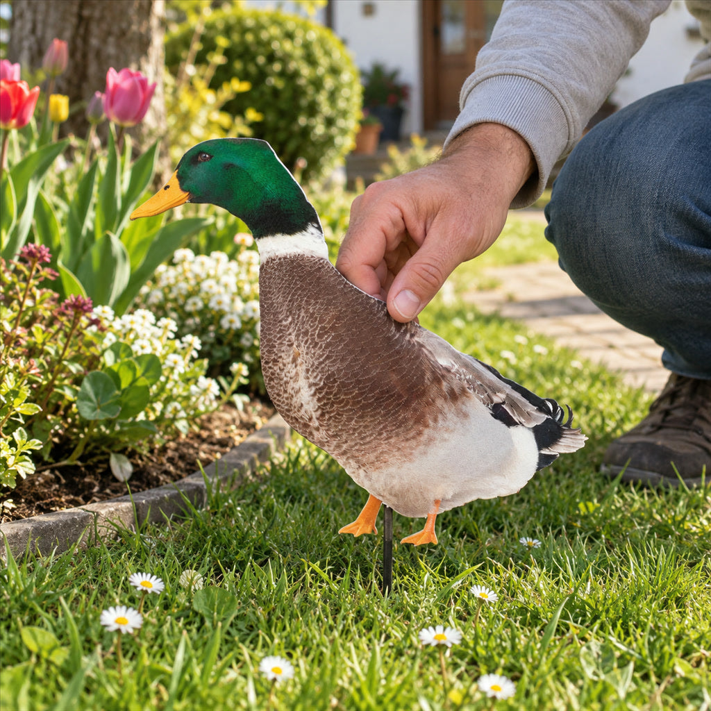 Doppelseitig bedruckte Enten-Silhouette mit Erdspieß als Gartendeko für Rasen, Beet und Weg – wetterfest, ohne Werkzeug, ganzjährig