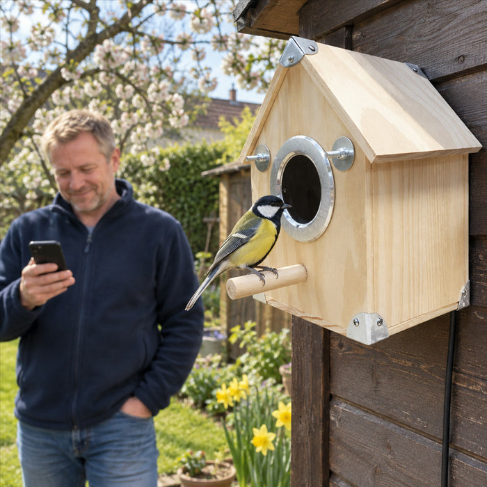 Vogel-Nistkasten aus Holz mit 4-MP-WLAN-Kamera, Mikrofon und Nachtsicht für Vogelbeobachtung im Garten – App-Fernzugriff, Bewegungserkennung
