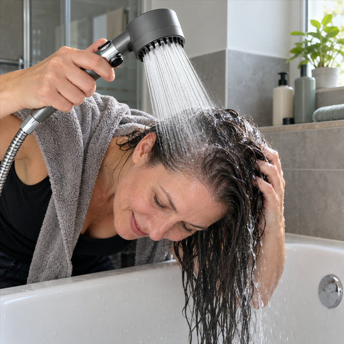 Hochdruck-Duschkopf mit 3 Strahlarten, Filter und Stopptaste für Bad und Dusche – Normal-, Misch- und Nebelstrahl, Mikrodüsen, Grau