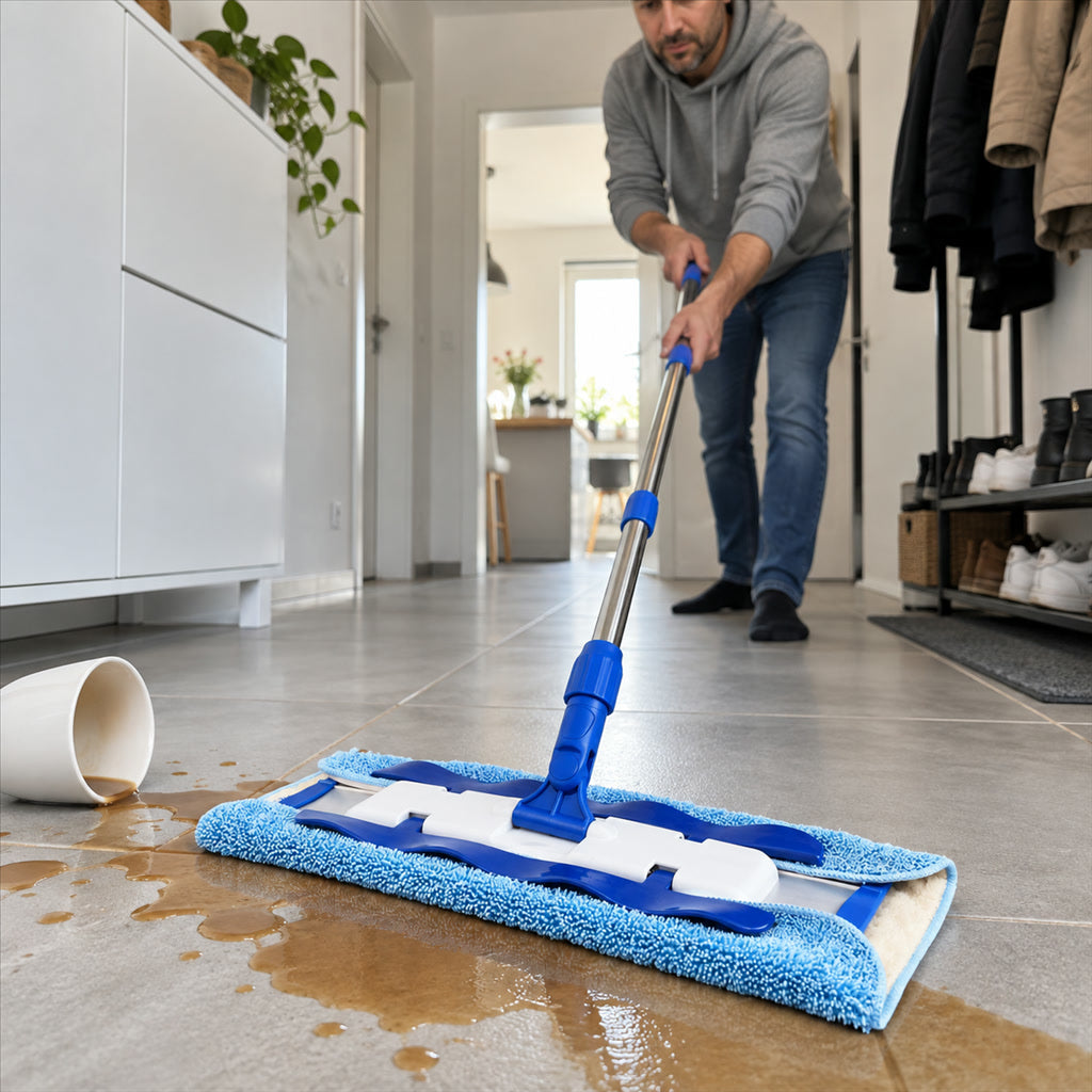 Flachwischer mit Teleskopstiel und 360°-Wischkopf für Fliesen, Parkett, Laminat und Vinyl – ca. 37 × 15 cm, nass und trocken, waschbare Pads