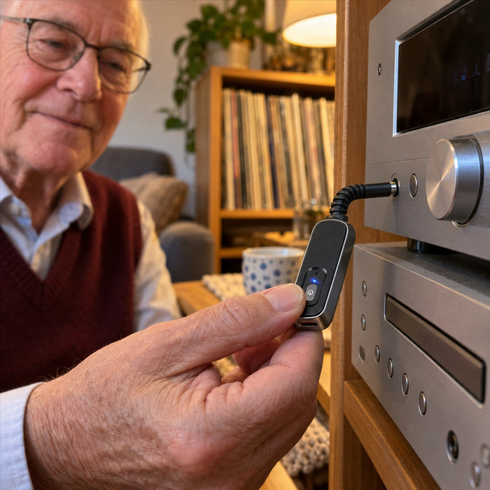Bluetooth-5.1-Audioadapter als Sender und Empfänger für Stereoanlage und Kopfhörer – 3,5-mm-Klinke, bis 10 m Reichweite, Akku 7–8 Std., USB-C