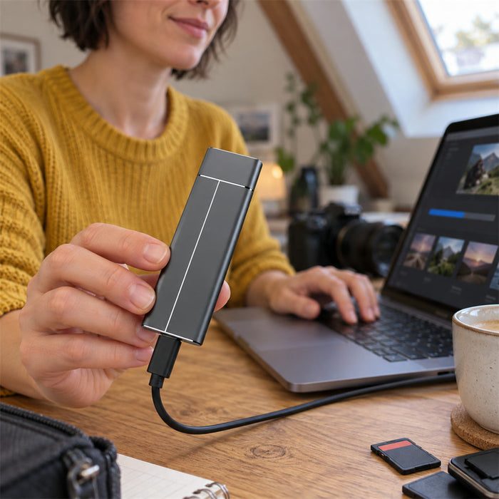 Tragbare externe SSD mit 500 GB im Aluminiumgehäuse für Laptop, PC und Android-Smartphone – USB 3.0 und USB-C, bis 550 MB/s, 5 Farben