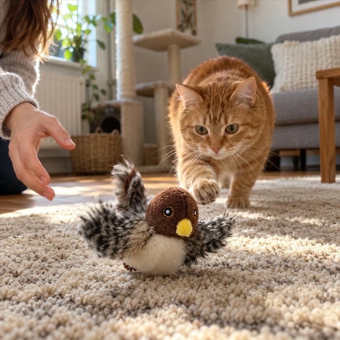 Flatternder Vogel mit Zwitschergeräusch als Katzenspielzeug für Wohnungskatzen – Plüsch, ca. 7 × 14 cm, bewegungsaktiviert, Braun