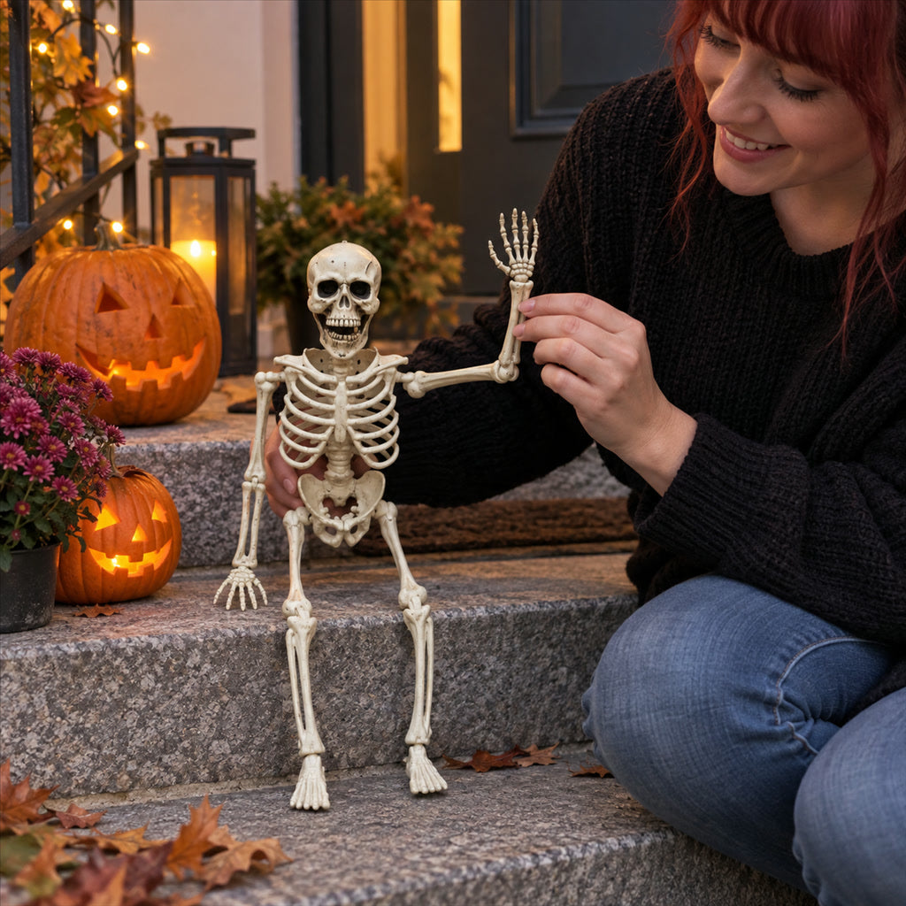 Bewegliches Deko-Skelett aus Kunststoff für Halloween-Deko drinnen und auf der Veranda – ca. 40 × 12 cm, Gelenke an Armen, Beinen und Kiefer