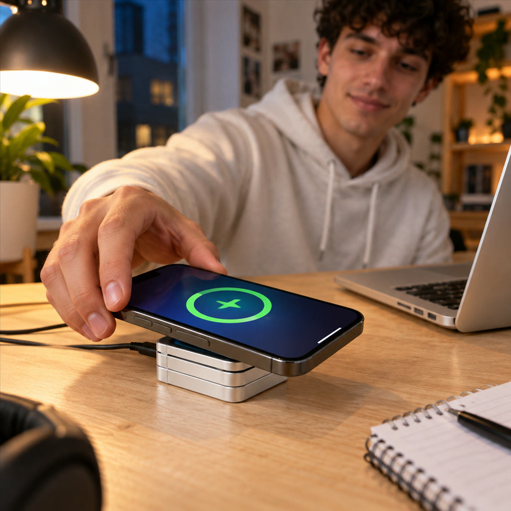 Kabellose 3-in-1-Ladestation für Smartphone, Ohrhörer und Smartwatch für Schreibtisch und Reisen – Qi-kompatibel, bis 15 W, USB-C-Eingang