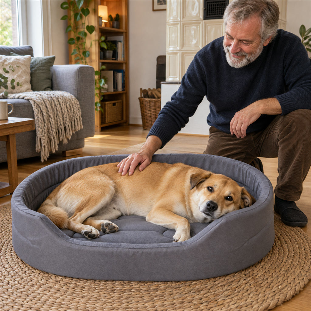 Haustierbett in Nestform mit erhöhtem Rand für drinnen – 40 × 30 bis 100 × 65 cm, Fleece-Oberseite, wasserdichte Oxford-Unterseite, 3 Farben