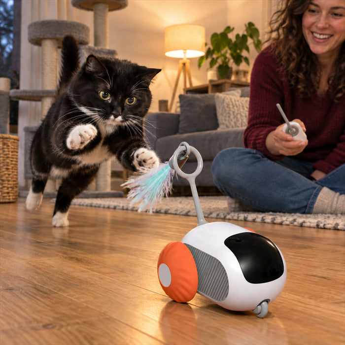 Ferngesteuertes Katzenspielzeug mit Automatikmodus für Wohnungskatzen – Hindernissensor, richtet sich selbst auf, 20 m Reichweite, USB-C, 2 Farben
