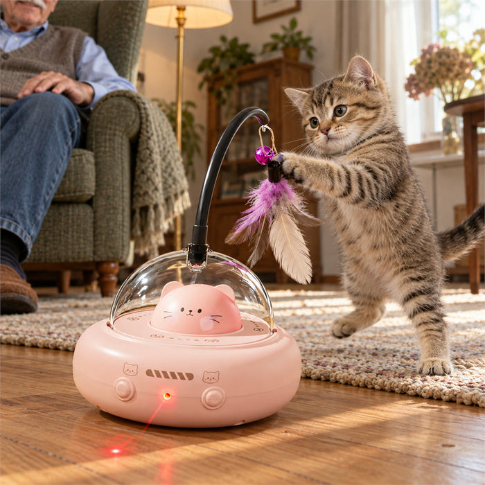 Interaktives Katzenspielzeug mit Laserpunkt, Federn und Lichteffekten für Wohnungskatzen – 360°-Räder, Hinderniserkennung, USB-Laden, Pink oder Grün