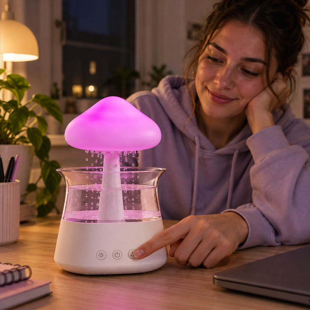 Luftbefeuchter in Regenwolken-Form mit Regengeräusch und Nachtlicht für Schlafzimmer und Büro – 7 Lichtfarben, 3 Tropfstufen, Akku bis 15 Std.