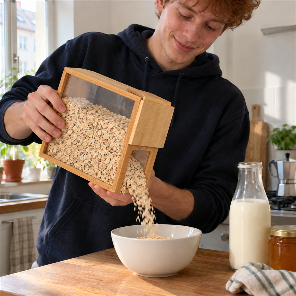 Müsli-Spender im Buchformat mit Bambusrahmen für Vorratsschrank und Arbeitsplatte – ca. 22 × 17 × 8 cm, transparenter Behälter, luftdichter Deckel
