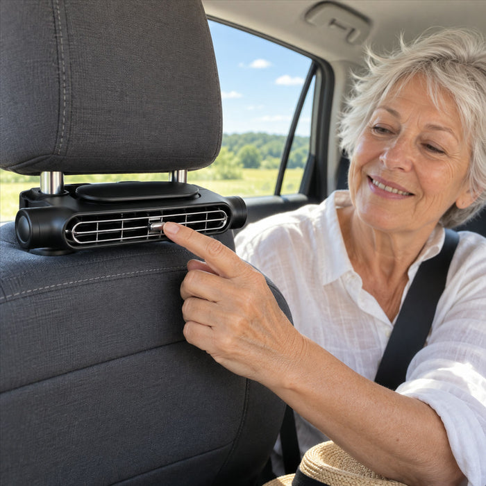Kopfstützen-Ventilator mit Doppelturbine für Rücksitz und Beifahrer im Auto – 3 Stufen, USB-Betrieb, ca. 17,5 × 7,5 × 3,4 cm, 3 Farben