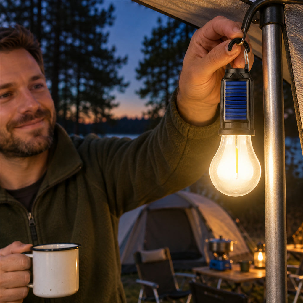 Solar-Campinglampe mit Haken und Dämmerungssensor für Zelt, Garten und Grillabend – 100 lm Warmlicht, USB-C, wasserfest, 3 Formen