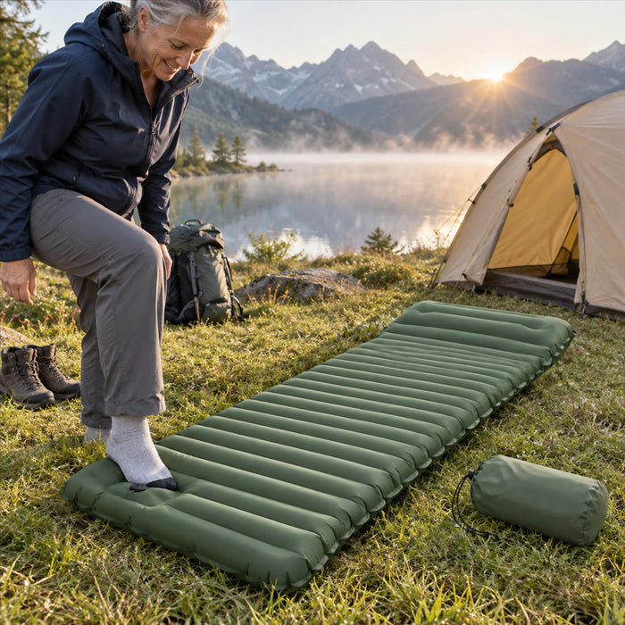 Aufblasbare Isomatte mit integrierter Fußpumpe für Camping, Zelt und Outdoor – ca. 195 × 70 × 10 cm, 0,95 kg, koppelbar, wasserdicht, 4 Farben