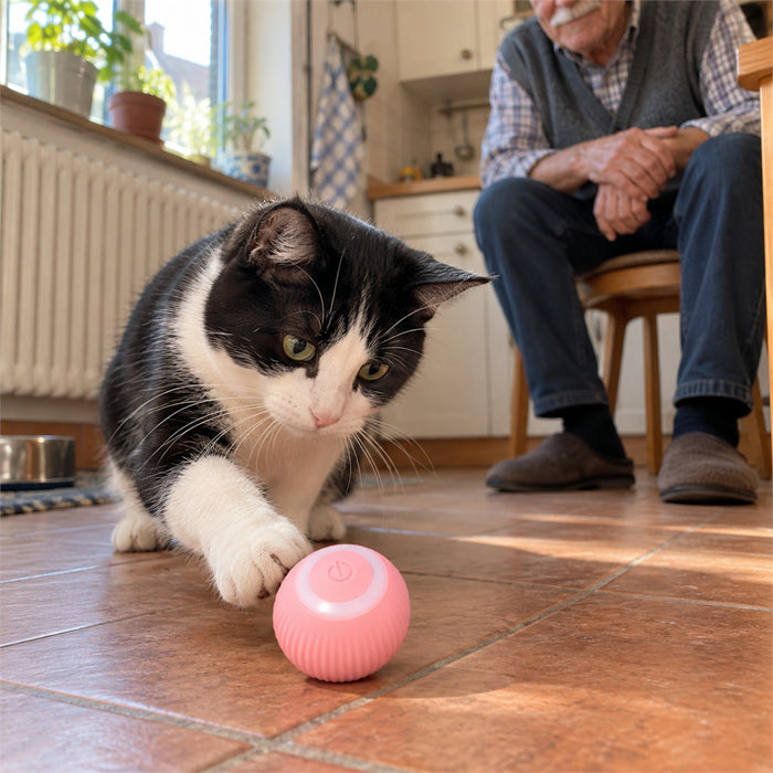 Selbstrollender Katzenball mit LED-Licht für Wohnungskatzen und glatte Böden – weicht Hindernissen aus, per USB aufladbar, Pink oder Grün