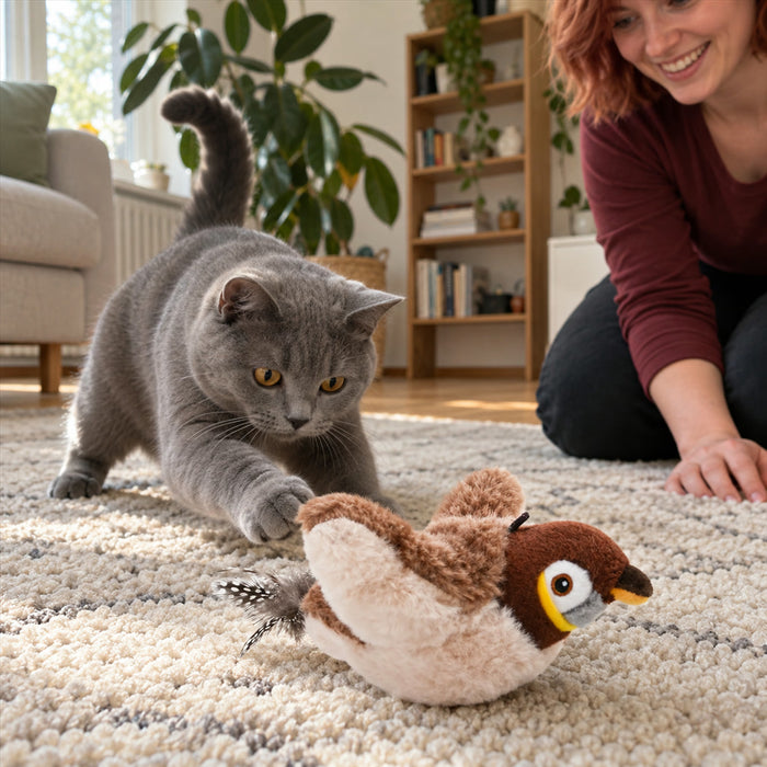 Flatternder Plüschvogel für Katzen mit Zwitschergeräusch für Wohnungskatzen – Flügelschlag, per USB aufladbar, waschbarer Bezug, mit Katzenminze