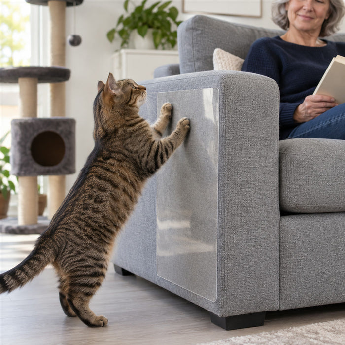 Transparente Kratzschutzfolie für Sofa und Polstermöbel gegen Katzenkrallen – ca. 45 × 30 cm, selbstklebend, zuschneidbar, ohne Werkzeug anzubringen