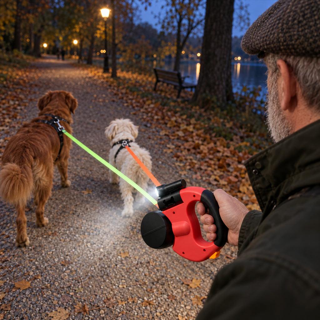 Doppel-Rollleine für 2 Hunde mit LED-Lampe und Kotbeutelspender für Spaziergänge – zwei ausziehbare Leinen, Rot, Marineblau oder Schwarz