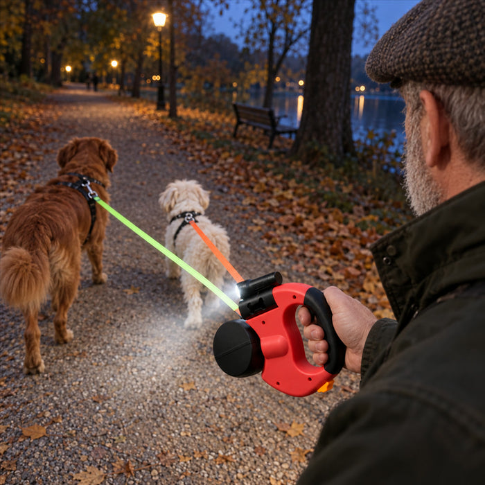 Doppel-Rollleine für 2 Hunde mit LED-Lampe und Kotbeutelspender für Spaziergänge – zwei ausziehbare Leinen, Rot, Marineblau oder Schwarz