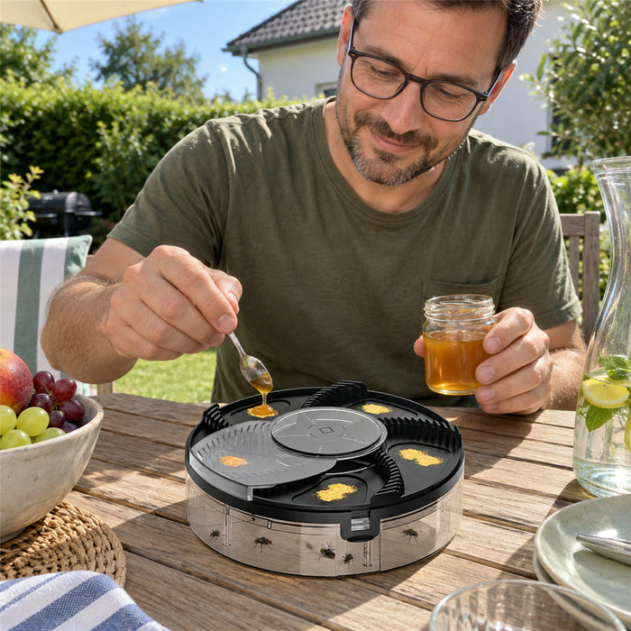 Automatische Fliegenfalle mit Drehmechanismus für Küche, Terrasse und Hof – USB-Akku bis 72 Std., ca. 16 × 16 × 5 cm, abwaschbar, Schwarz oder Weiß