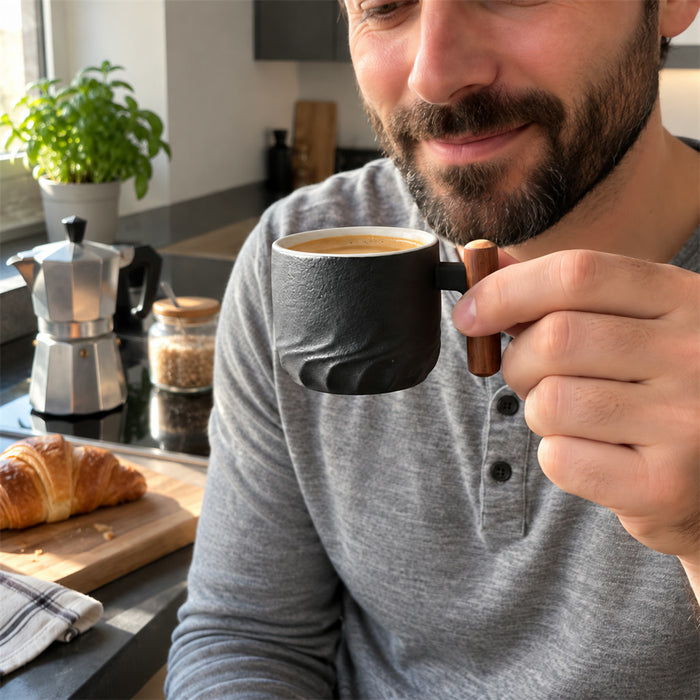 Espressotasse aus Keramik mit Holzgriff im Vintage-Stil für Espresso – 80 ml, strukturierte Oberfläche, spülmaschinengeeignet, Schwarz, Blau oder Grün