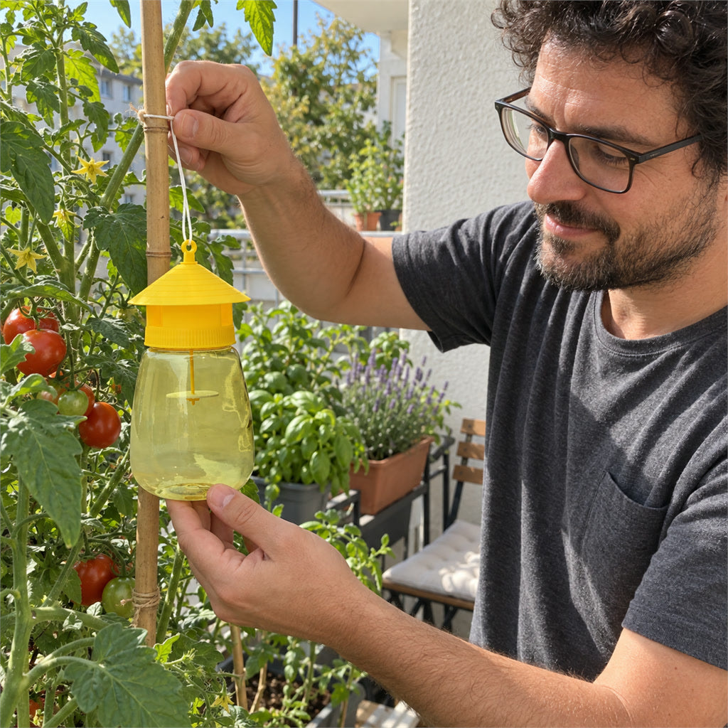 Fruchtfliegenfalle zum Aufhängen mit Lockduft für Obstgarten, Balkon und Gemüsebeet – ca. 20 × 9,5 cm, für Äste, Terrasse oder zum Hinstellen