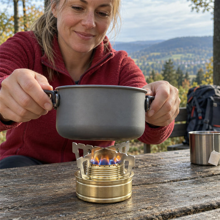 Mini-Spirituskocher aus Edelstahl für Camping und Wandern – faltbarer Griff zur Flammenregulierung, Gummidichtung, Kreuzständer, Gold, ca. 27 g