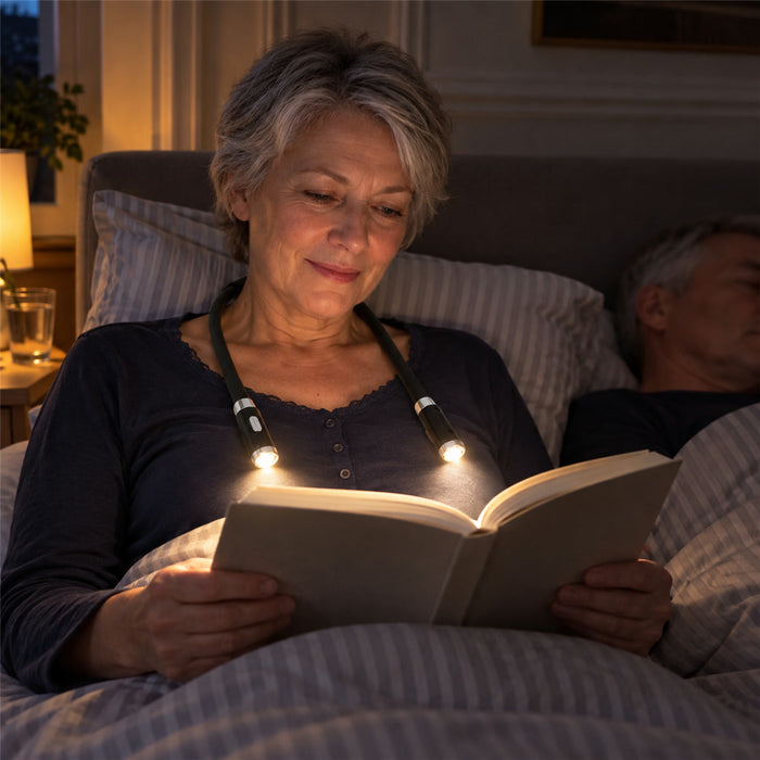 LED-Nackenleselampe mit zwei biegsamen Armen zum Lesen bei Nacht und auf Reisen – 3 Lichtmodi, ABS, 55,5 cm lang, Schwarz, für AAA-Batterien