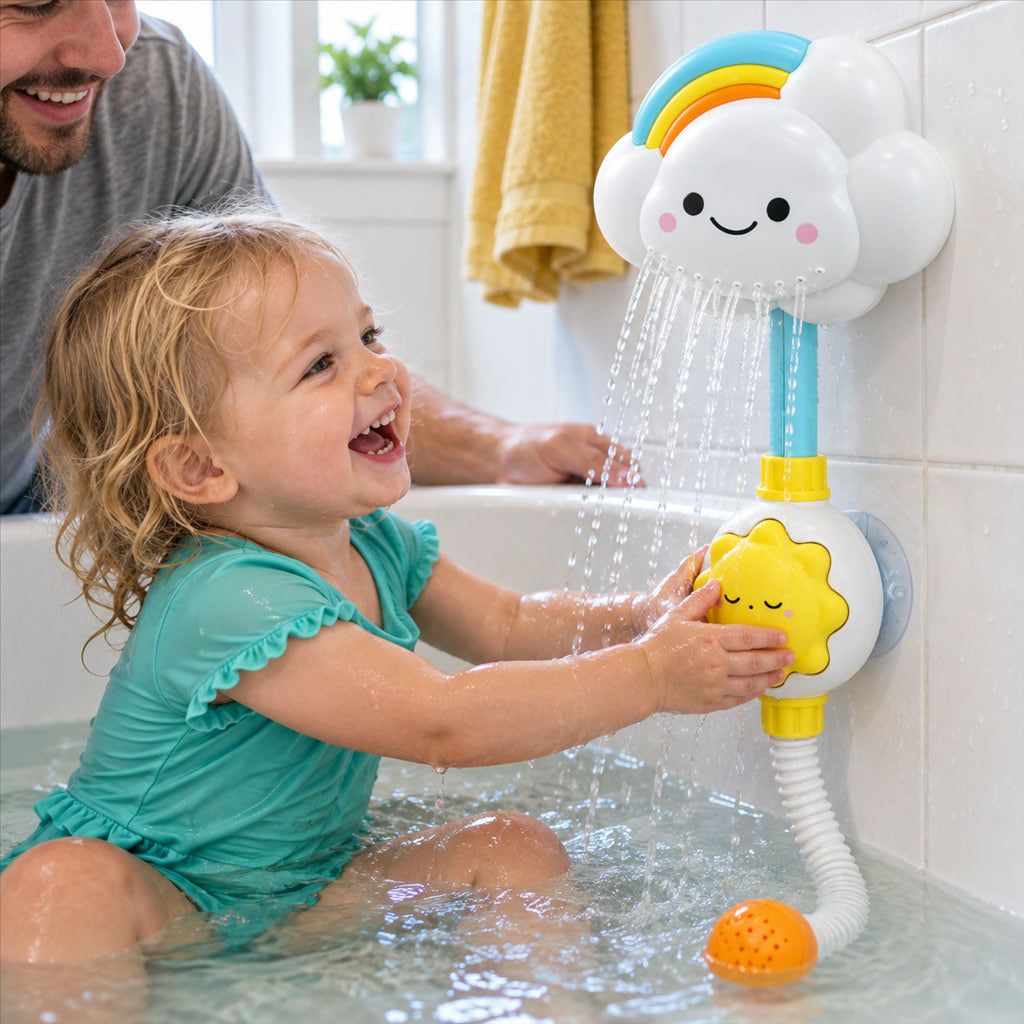 Badespielzeug Wolken-Dusche mit Sonnen-Griff für Babys und Kleinkinder in der Badewanne – Wasserspiel nach dem Ursache-Wirkung-Prinzip, Wolkenform